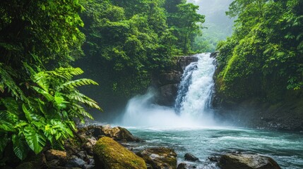 Serene Waterfall in Lush Tropical Paradise