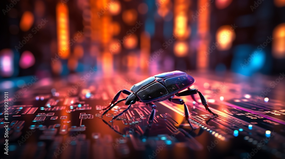 Aufkleber A bug crawling on glowing binary code, symbolizing software testing and debugging, high-tech digital environment, neon code, ultra-detailed, cinematic lighting