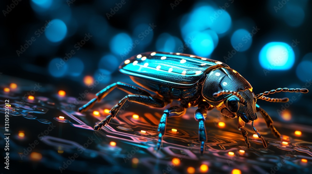 Poster A bug crawling on glowing binary code, symbolizing software testing and debugging, high-tech digital environment, neon code, ultra-detailed, cinematic lighting