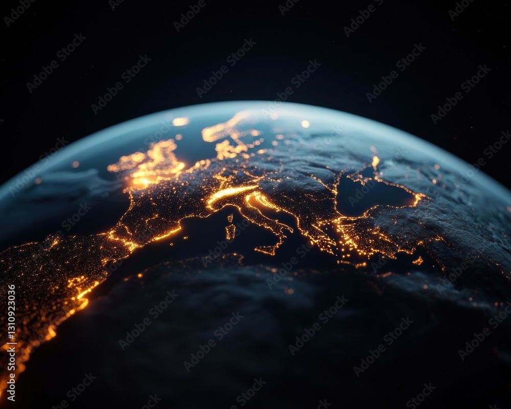 Poster Hyper-Connected Global Networks Cinematic Nocturnal Earth Visualization Showcasing Technological Connectivity and Digital Infrastructure Innovation