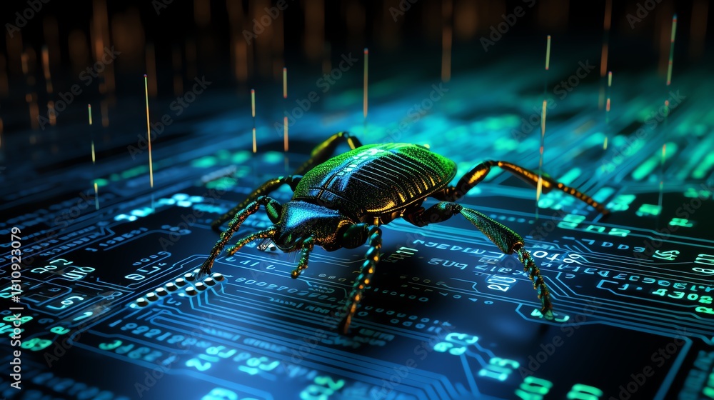 Aufkleber A bug crawling over binary code on a glowing screen, symbolizing software testing and debugging, high-tech digital environment, sharp focus, neon blue and green colors