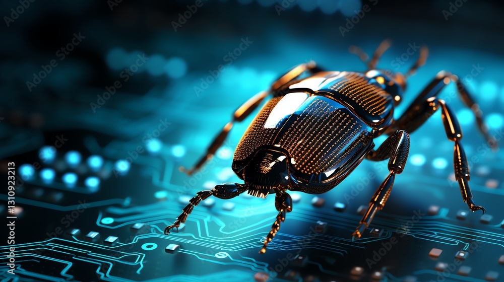 Fototapete A bug interacting with flowing binary code, representing the challenge of software debugging, ultra-realistic, glowing code, sharp focus, digital theme