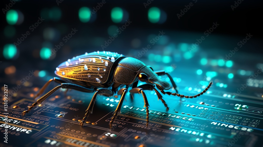 Poster A bug interacting with flowing binary code, representing the challenge of software debugging, ultra-realistic, glowing code, sharp focus, digital theme