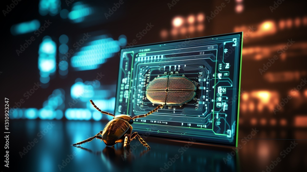 Poster A bug on a computer screen with binary digits in the background, representing the debugging process, futuristic lighting, sharp contrast, ultra-realistic