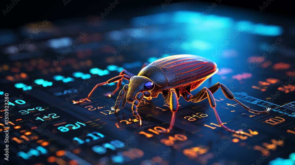 Aufkleber A bug on a computer screen with binary digits in the background, representing the debugging process, futuristic lighting, sharp contrast, ultra-realistic