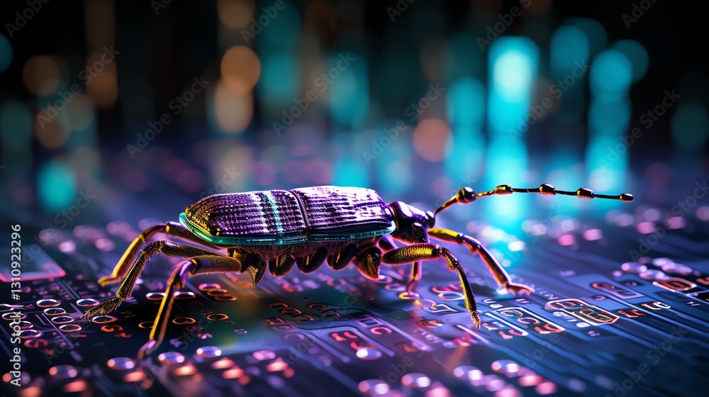Poster A bug on a computer screen with binary digits in the background, representing the debugging process, futuristic lighting, sharp contrast, ultra-realistic