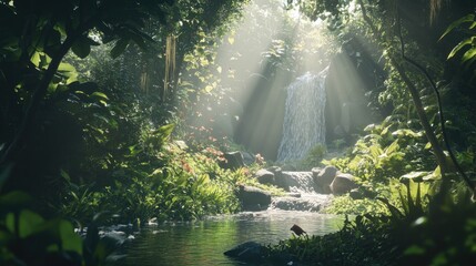 Enchanted Waterfall in Lush Tropical Paradise: A Serene Escape