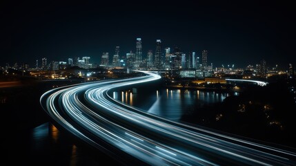 a futuristic city skyline under a clear night sky, with a sleek, illuminated bridge connecting two parts of the metropolis. The sharp foreground highlights a cyclist on the bridge,