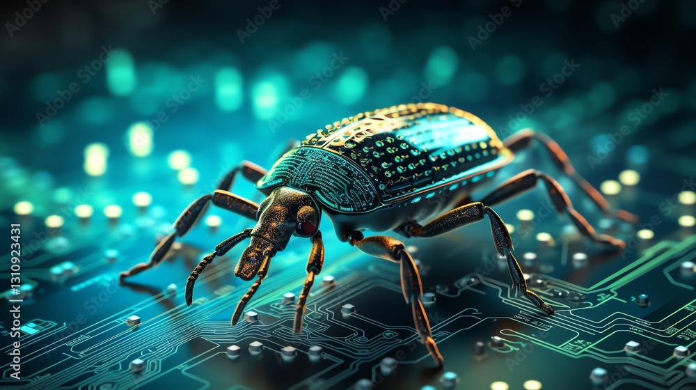 Poster A bug on binary code, representing the need for software testing, detailed digital code flow, glowing numbers, hyper-realistic, modern tech environment