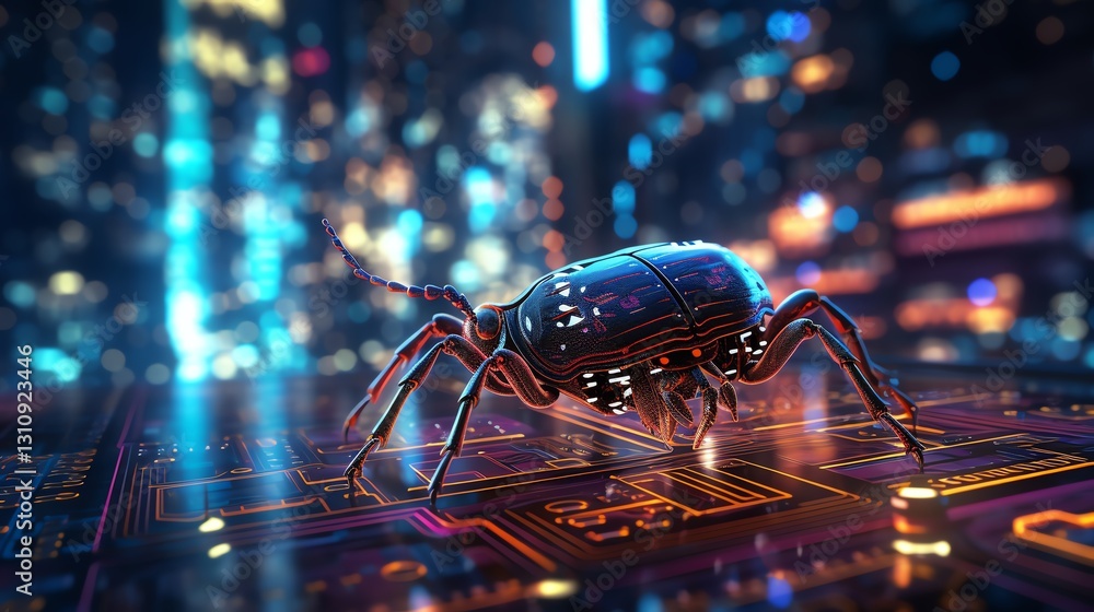 Aufkleber A bug on a glowing digital circuit board with flowing binary code, representing the intricacies of software debugging, vibrant colors, futuristic aesthetics