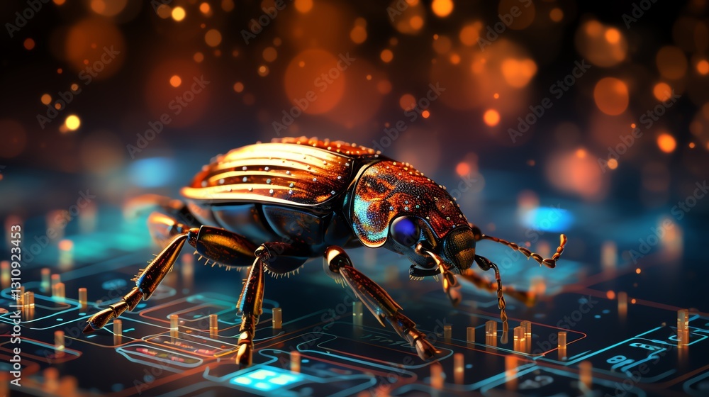 Poster A bug on binary code, representing the need for software testing, detailed digital code flow, glowing numbers, hyper-realistic, modern tech environment