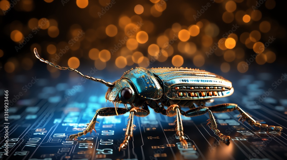 Aufkleber A bug on binary code, representing the need for software testing, detailed digital code flow, glowing numbers, hyper-realistic, modern tech environment