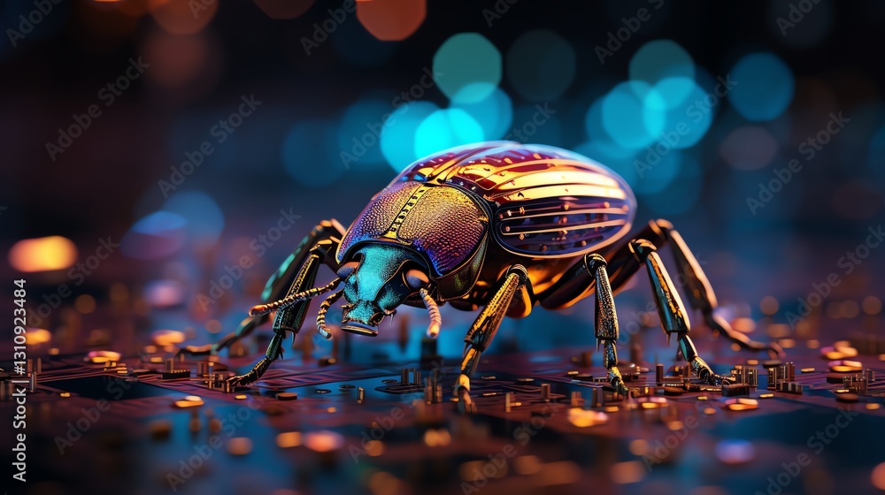 Poster A bug perched on flowing binary code, representing software testing and debugging, neon lights, futuristic tech vibes, ultra-detailed, glitch effects