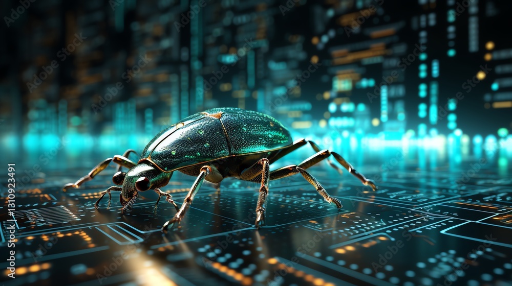 Aufkleber A bug perched on flowing binary digits, symbolizing software debugging and testing, glowing code streams, high-tech sci-fi design, highly detailed