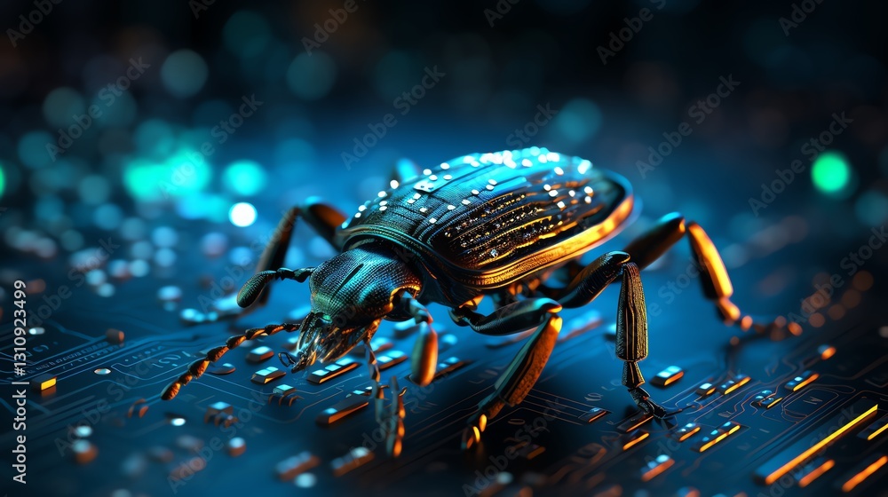 Poster A bug on binary code, representing the need for software testing, detailed digital code flow, glowing numbers, hyper-realistic, modern tech environment