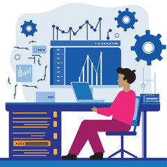 Business Man working on laptop connected to server and visualising data, data analysis concept vector