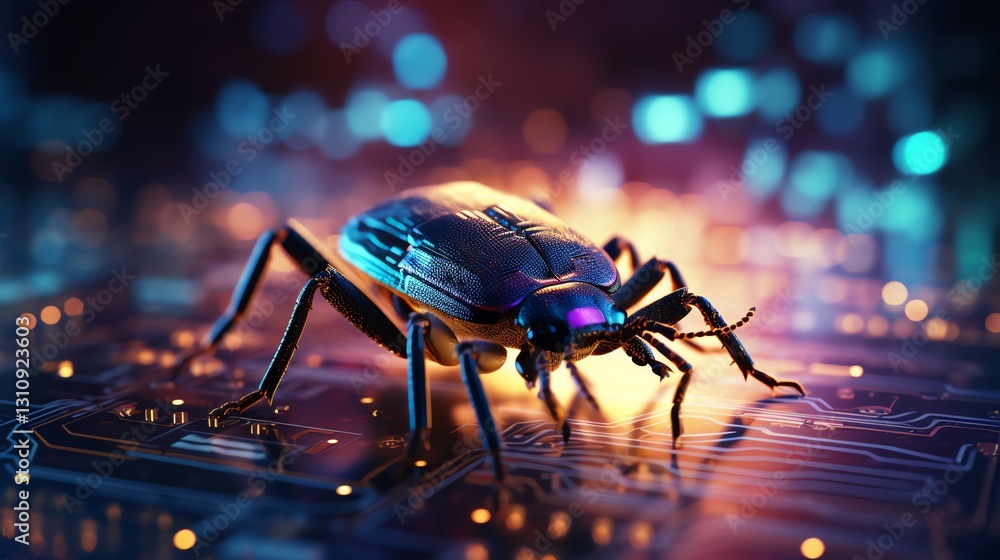 Poster A bug perched on flowing binary code, representing software testing and debugging, neon lights, futuristic tech vibes, ultra-detailed, glitch effects