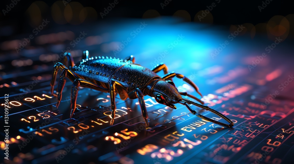 Poster A close-up of a bug crawling on digital binary code, symbolizing software debugging, glowing neon digits, intricate data flow, ultra-realistic technology scene