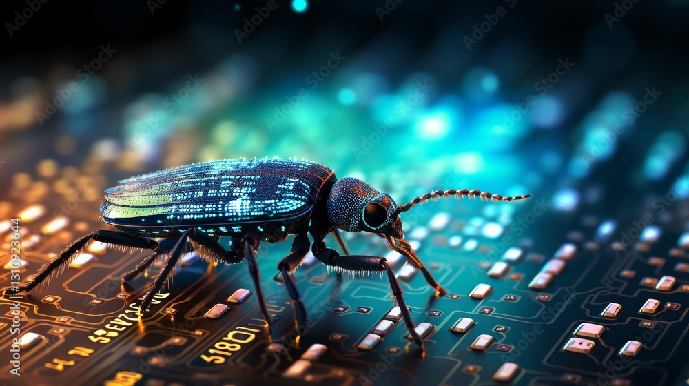 Poster A close-up of a bug on glowing binary code, symbolizing the role of debugging in software development, detailed micro view, digital glitch effects