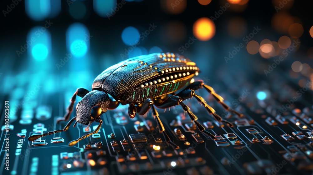 Poster A close-up of a bug on glowing binary code, symbolizing the role of debugging in software development, detailed micro view, digital glitch effects
