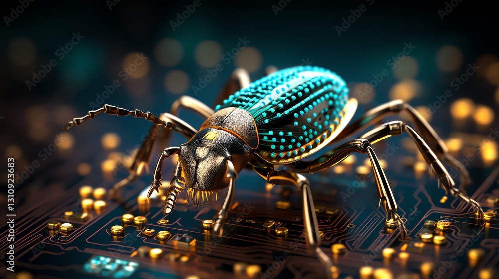 Poster A close-up of a bug on glowing binary code, symbolizing the role of debugging in software development, detailed micro view, digital glitch effects