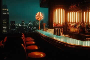 Fototapeta premium A Glamorous Nighttime View from a Rooftop Bar with Glowing Neon Lights and Iconic Cityscape Highlights.