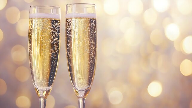 Two champagne flutes filled with bubbles and a blurry background