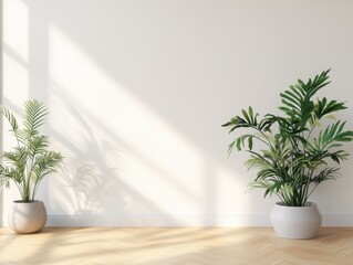 Fototapeta premium Minimalist Zen Interior Design Soft Natural Light Casting Botanical Shadows on Serene White Wall - Biophilic Home Styling Mockup for Wellness Spaces