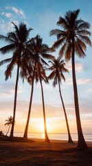 Obraz premium Serene Coastal Escapism Minimalist Palm Tree Silhouettes Capturing Golden Hour Wanderlust - Inspirational Travel Content and Digital Nomad Dreamscapes