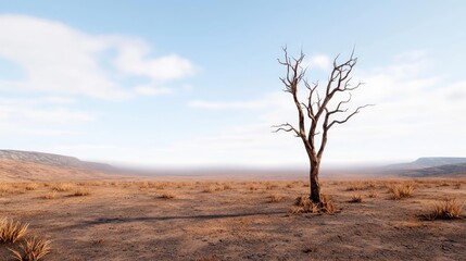 Climate Change drought idea. A solitary dead tree stands in a vast, arid landscape under a clear blue sky.