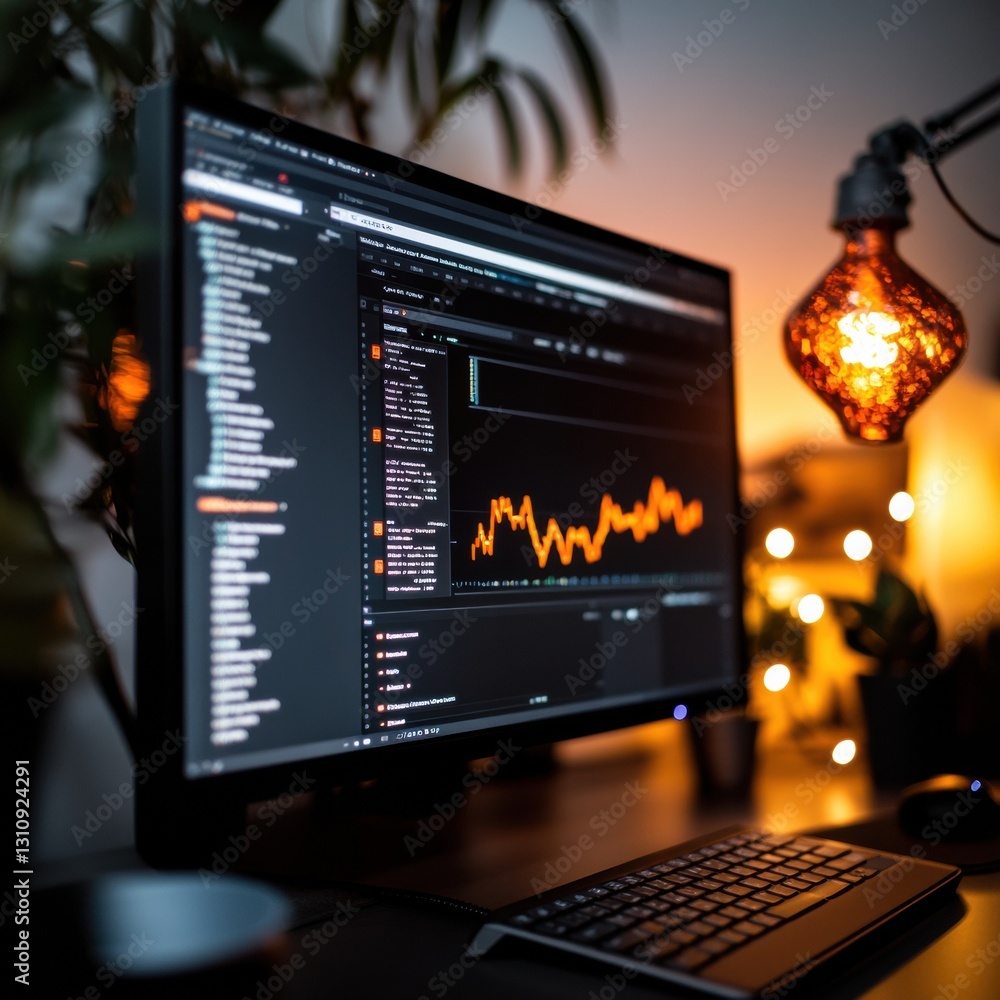 Poster illuminated digital finance workspace cinematic market analytics dashboard with warm ambient lightin