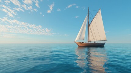 Naklejka premium Tranquil Sailing Boat on Calm Ocean with Beautiful Blue Sky
