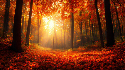 Fototapeta premium A dense forest in autumn, with a golden carpet of fallen leaves
