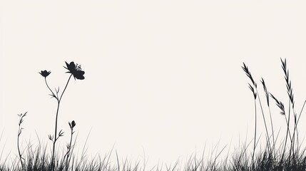 Silhouetted wildflowers and grasses, field, minimalist design, nature background, website banner
