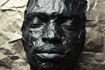 a man's face formed from origami paper, messy curves and folds in black and silver, close up