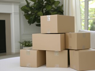 Eco-friendly packaging materials arranged neatly, casting a gentle shadow on a pristine, white surface.