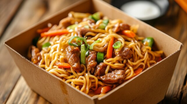 Savor the vibrant dish of perfectly cooked noodles tossed with succulent pork and colorful vegetables. The harmonious blend of flavors invites a delightful culinary experience