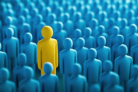 single yellow figure standing confidently amid sea of identical blue figures, visually representing individuality, talent acquisition, and the search for exceptional candidates in business