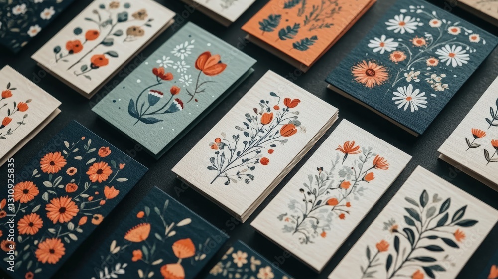 Poster a vibrant display of floral patterns on cards showcasing artistic designs with an array of natural m