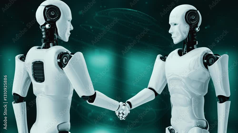 Poster internet connection controlled by ai robot huminoid and machine learning process to analyze data con