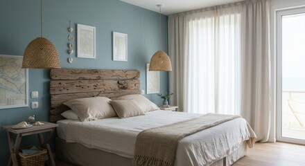 Coastal Bedroom Design with Natural Light and Rustic Wood Headboard