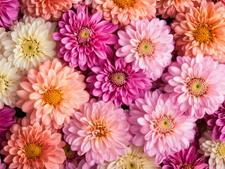 Fototapeta premium Delicate Chrysanthemum Flowers in Full Bloom on a Soft Background, pink and yellow chrysanthemum