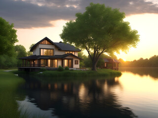 Obraz premium Lake House Sunset over the river 