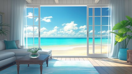 Fototapeta premium modern coastal living room with large windows