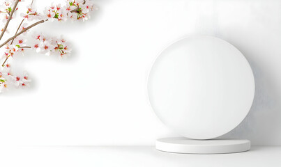 Minimalist Display with Cherry Blossom Branch and White Circular Stand
