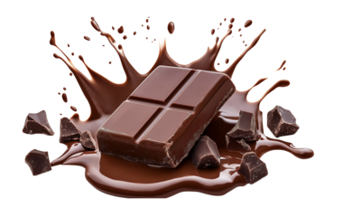 Delicious chocolate bar pieces falling into chocolate splashing on transparent background, PNG format