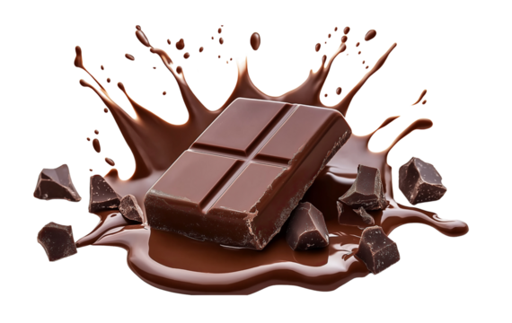 Delicious chocolate bar pieces falling into chocolate splashing on transparent background, PNG format