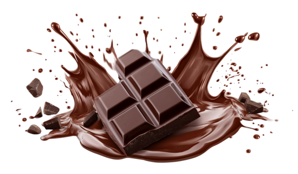 Delicious chocolate bar pieces falling into chocolate splashing on transparent background, PNG format