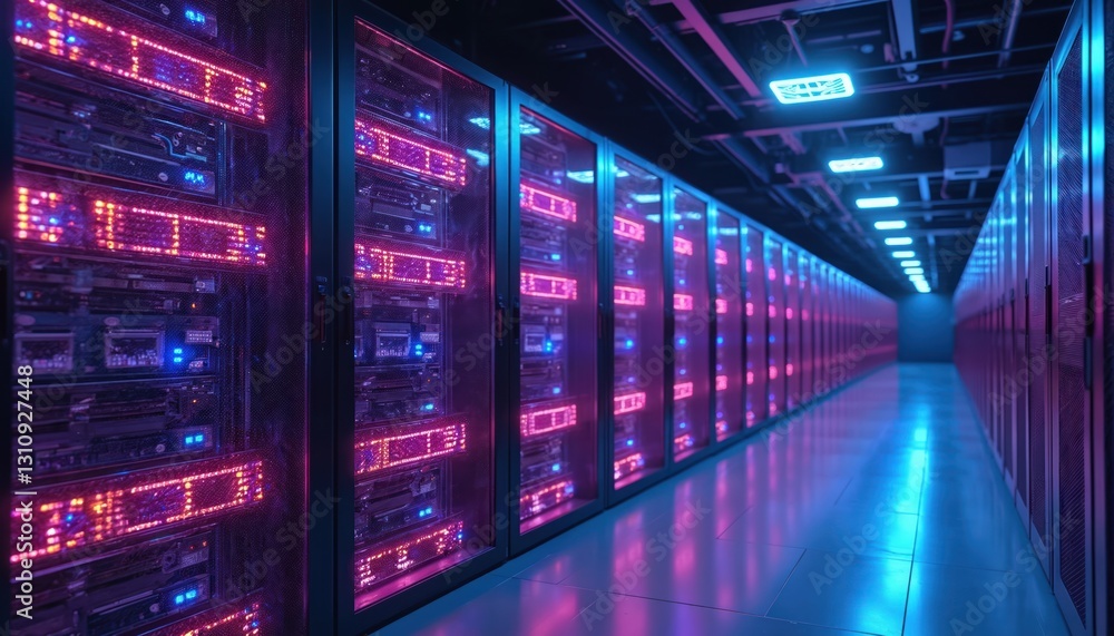 Aufkleber server room featuring pink lights indicating data processing. secure storage systems with blinking l