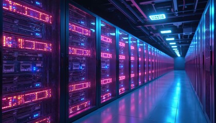 Server room featuring pink lights indicating data processing. Secure storage systems with blinking lights. Mainframe systems in data center. Side copy space for text. Server hardware shows
